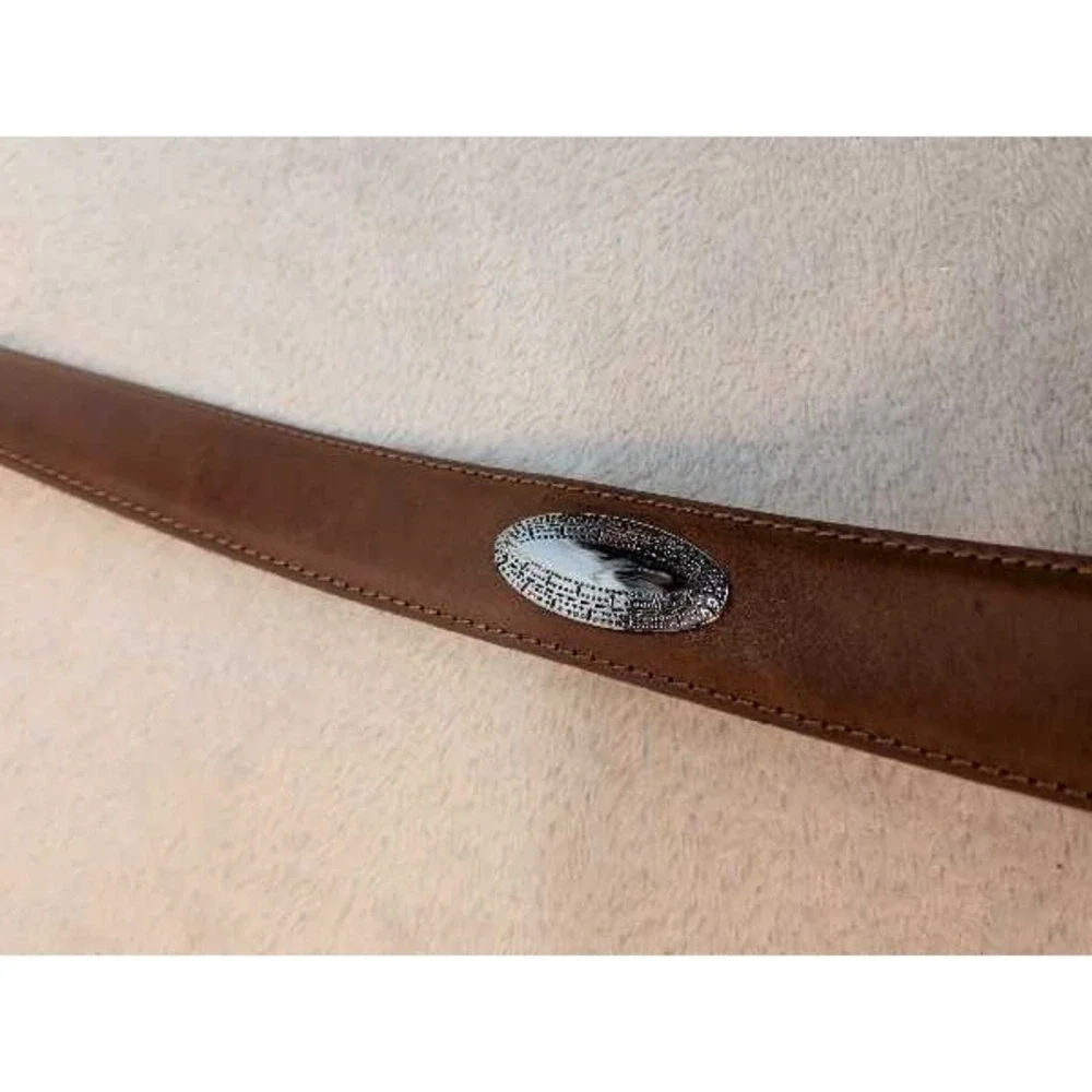 Western Style Leather Belt Silver Buckle & Conchos Brown Size 40